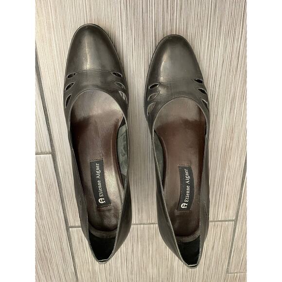 Etienne Aigner Shoes - Etienne Aigner Ville Vintage Black Leather Pumps Cutout Design Block Heel 10M